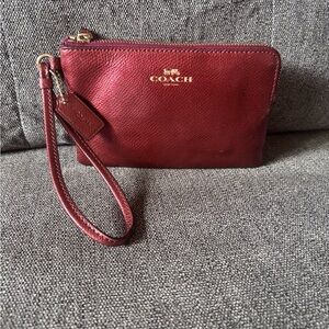 Coach Metallic Burgundy Leather Wristlet with Gold Logo
